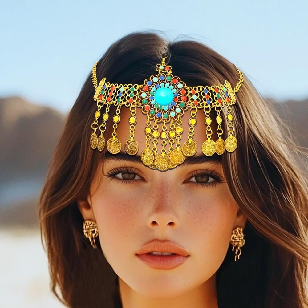 Boho Gold Head Chain Coins Headpiece Jewelry Festival Accessory for Women Girls - Picture 2 of 7